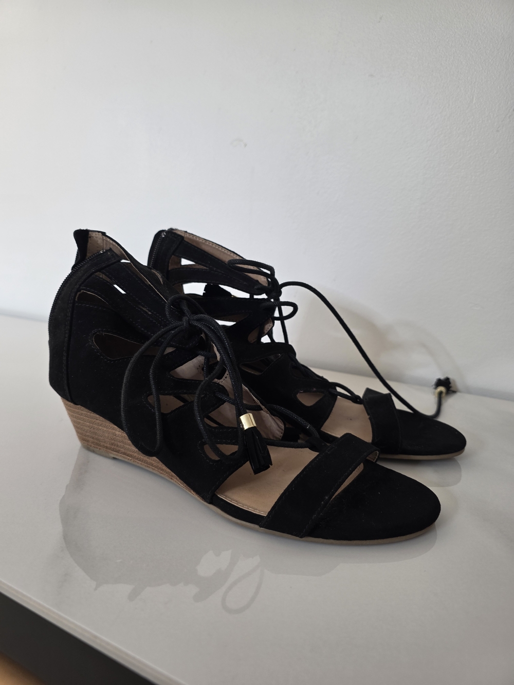 Black Lace-Up Wedge Sandals